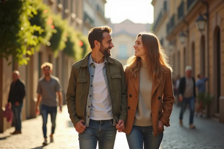Couple amoureux se promenant ensemble dans une rue pavée européenne, illustrant une belle histoire d'amour