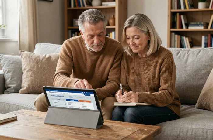 Couple d'une cinquantaine d'années qui choisit ensemble leur mutuelle santé sur une tablette dans le salon