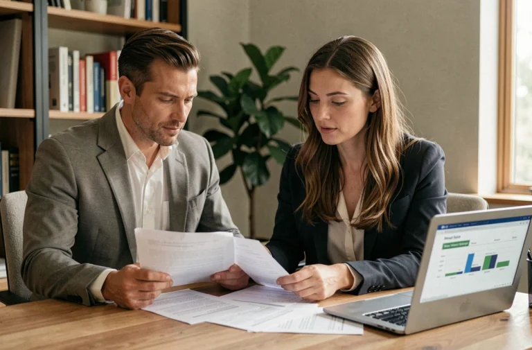 Couple comparant les taux immobiliers des banques en 2024 sur un ordinateur portable avec des documents de prêt immobilier