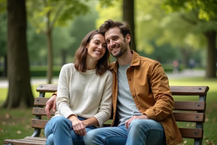 Couple heureux assis sur un banc dans un parc verdoyant, symbolisant une relation amoureuse épanouie et complice