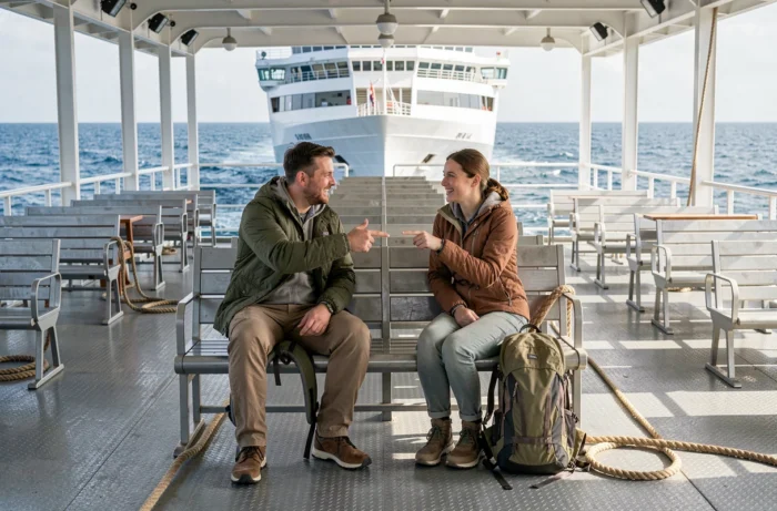 Couple de voyageurs installés sur le pont extérieur d'un ferry, choisissant leur emplacement avec vue sur la mer