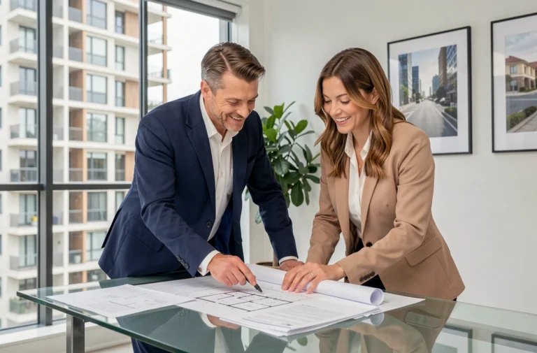Couple de professionnels examinant des plans immobiliers dans une agence moderne pour investir dans le neuf