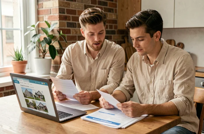 Couple en train de consulter des annonces immobilières sur ordinateur portable pour trouver le bien idéal