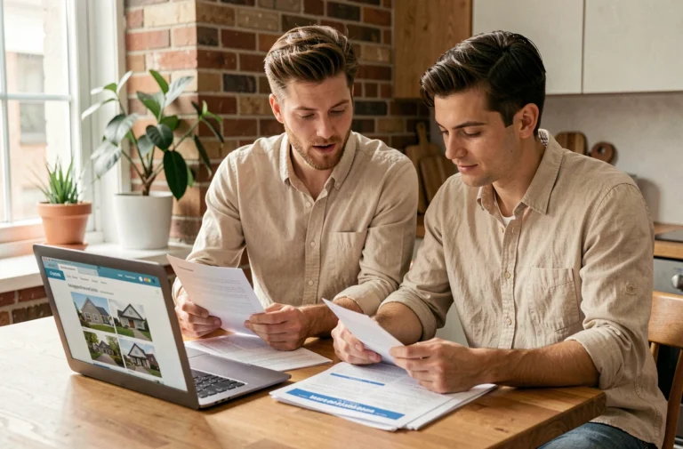 Couple en train de consulter des annonces immobilières sur ordinateur portable pour trouver le bien idéal