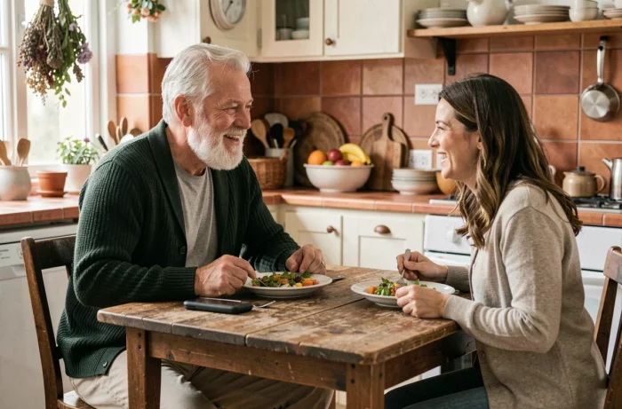 Couple de seniors partageant un repas sain dans une cuisine chaleureuse, symbolisant l'alimentation équilibrée et le bien-être des personnes âgées