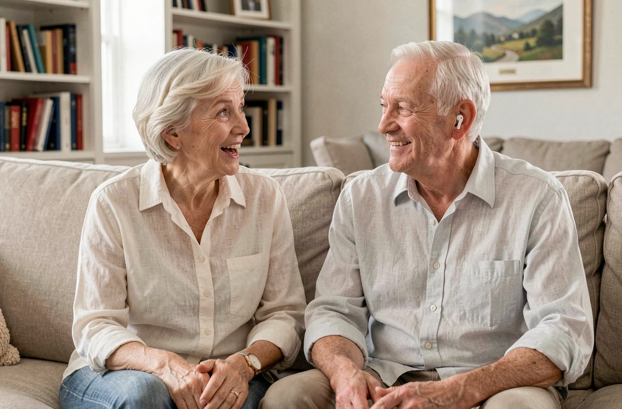Couple de seniors en conversation dans leur salon, l'homme portant un appareil auditif discret Amplifon