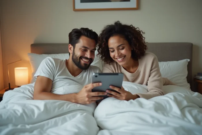 Couple regardant ensemble un service de streaming sur une tablette dans leur chambre