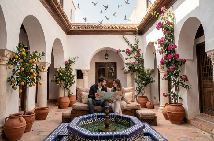 Cour intérieure d'un riad marocain abordable à Marrakech avec fontaine en zellige et couple de voyageurs consultant une carte