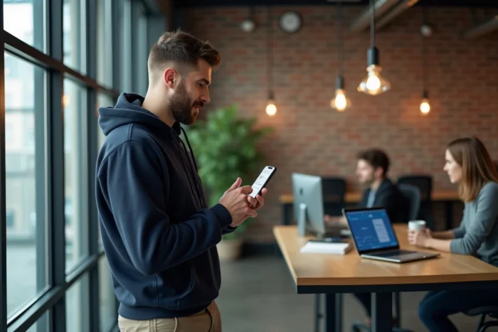 Créateur de contenu masculin consultant ses gains en cryptomonnaie sur smartphone dans un espace de coworking moderne