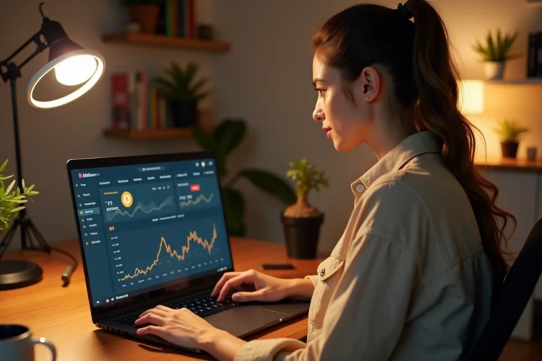 Créatrice de contenu analysant ses revenus et statistiques de monétisation sur un ordinateur portable dans un studio à domicile