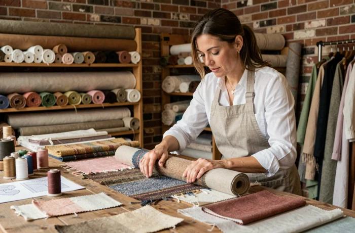 Créatrice textile examinant des échantillons de tissu dans un atelier artisanal avec des rouleaux de matières naturelles