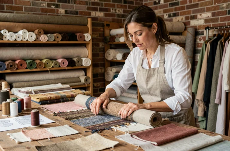 Créatrice textile examinant des échantillons de tissu dans un atelier artisanal avec des rouleaux de matières naturelles