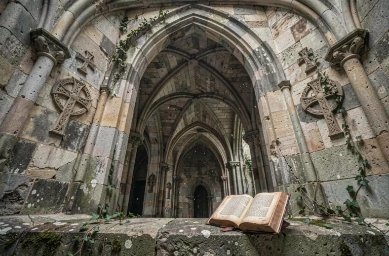 Voûte gothique d'une crypte médiévale avec croix des Templiers gravées dans la pierre et manuscrit ancien ouvert sur un rebord de pierre
