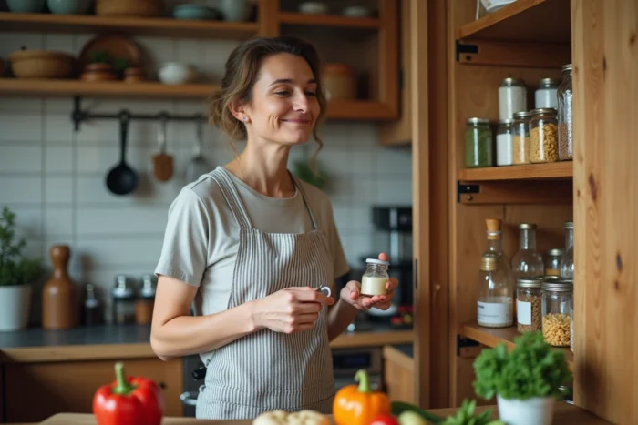 Femme inventant un repas créatif avec les restes du garde-manger pour cuisiner sans faire de courses