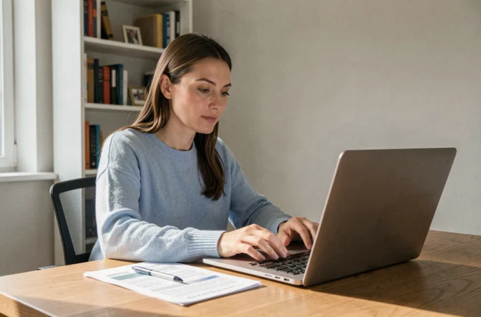 Femme effectuant une déclaration de cession de véhicule en ligne sur un ordinateur portable avec les documents administratifs posés sur le bureau