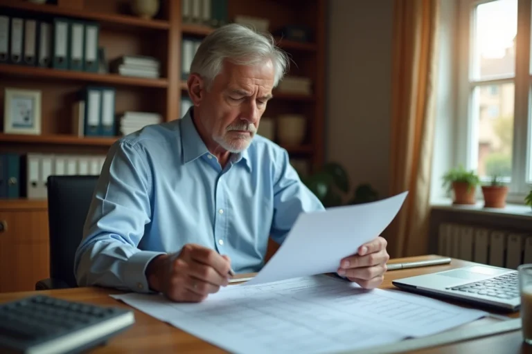 Propriétaire consultant des documents fiscaux et plans de surface habitable dans un bureau à domicile