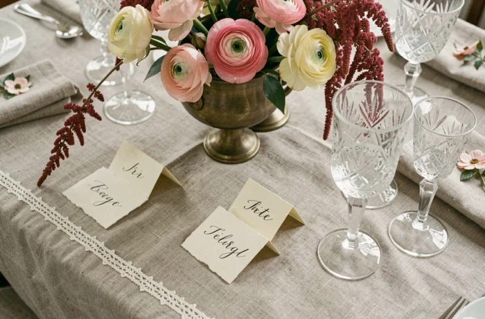 Décoration de table de réception de mariage avec art de la table tendance et arrangements floraux bohèmes 2024
