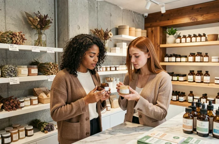 Deux femmes découvrant des produits de beauté naturels dans une boutique bien-être moderne au décor épuré