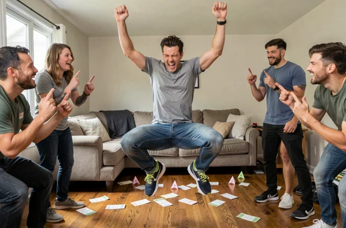 Homme réalisant un défi physique de 30 secondes entouré d'amis qui comptent le temps