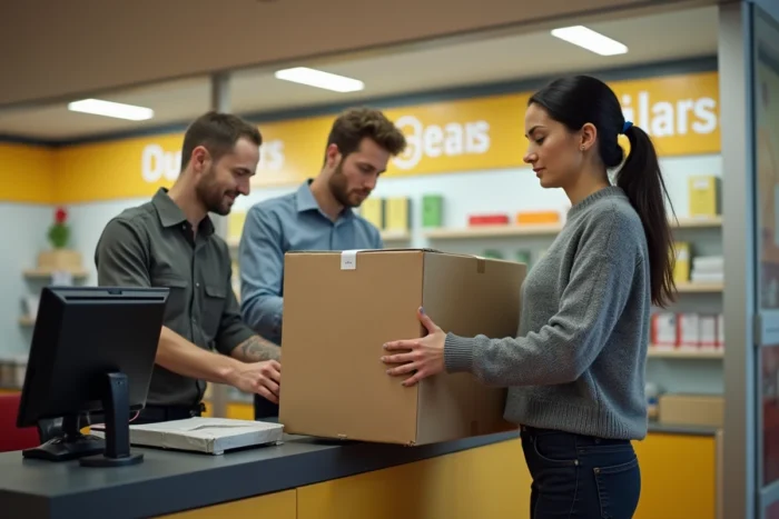 Femme déposant un colis volumineux au comptoir d'un bureau de poste Colissimo avec balance de pesée