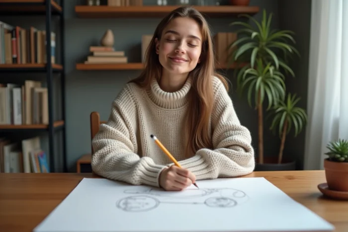 Jeune femme pratiquant le dessin en aveugle les yeux fermés à son bureau pour décrocher des écrans