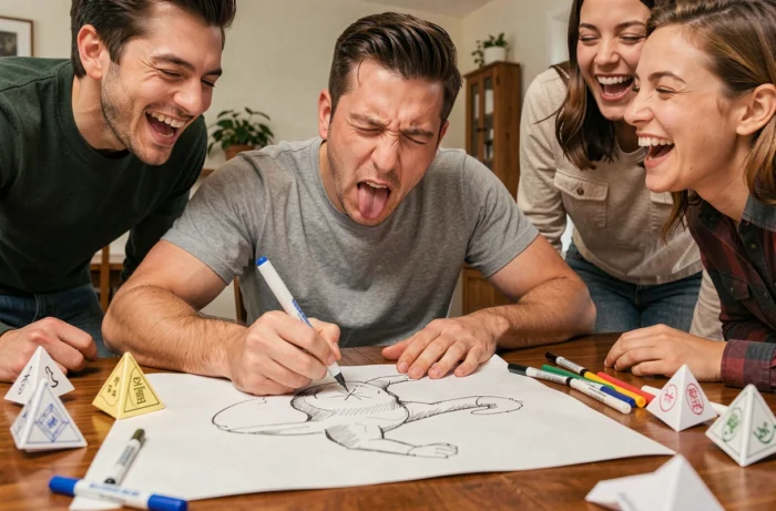 Homme dessinant les yeux fermés sur une feuille de papier entouré d'amis hilares