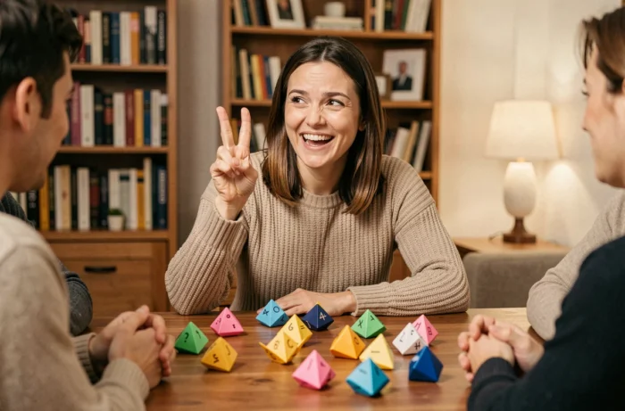 Femme présentant le jeu deux vérités un mensonge avec des gestes à ses amis autour d'une table