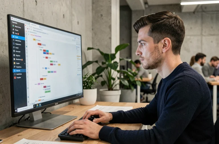 Développeur web analysant un sitemap XML sur un grand écran dans un bureau moderne