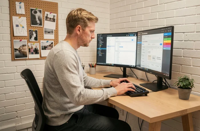 Développeur web travaillant sur la création d'un site professionnel dans les locaux d'une agence digitale