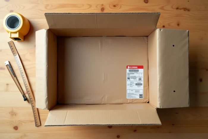 Vue aérienne d'un grand colis carton avec ruban de mesure et étiquette Colissimo prêt à l'envoi