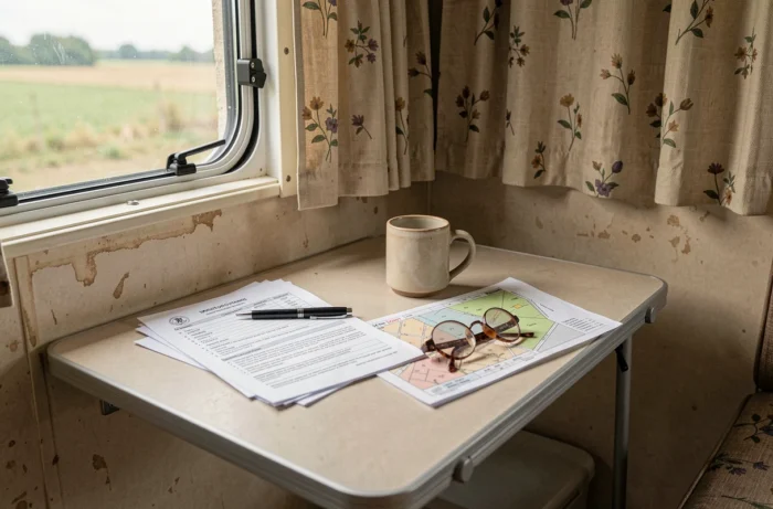 Documents de bail et plans de zonage agricole sur une table à l'intérieur d'une caravane habitée toute l'année