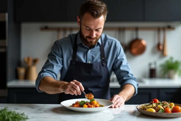 Chef amateur dressant une assiette de légumes rôtis avec une sauce aux herbes dans une cuisine moderne