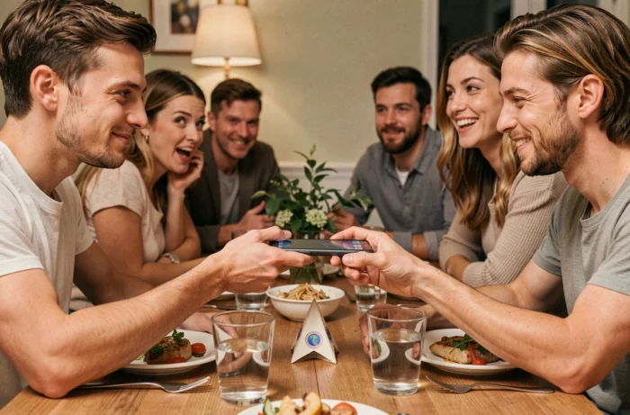 Deux adultes échangeant leurs téléphones lors d'un gage de soirée autour d'une cocotte en papier