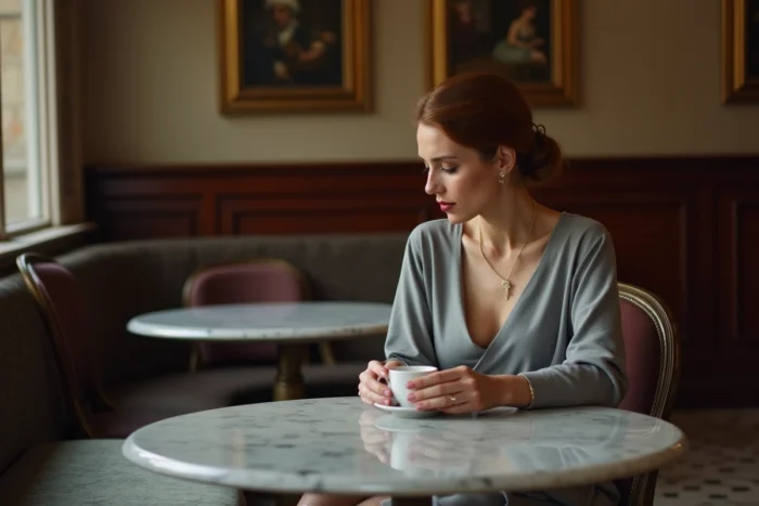 Femme pensive attablée dans un café florentin historique tenant une tasse d'espresso, portrait intime illustrant la vie privée et le passé d'Enrica Cenzatti