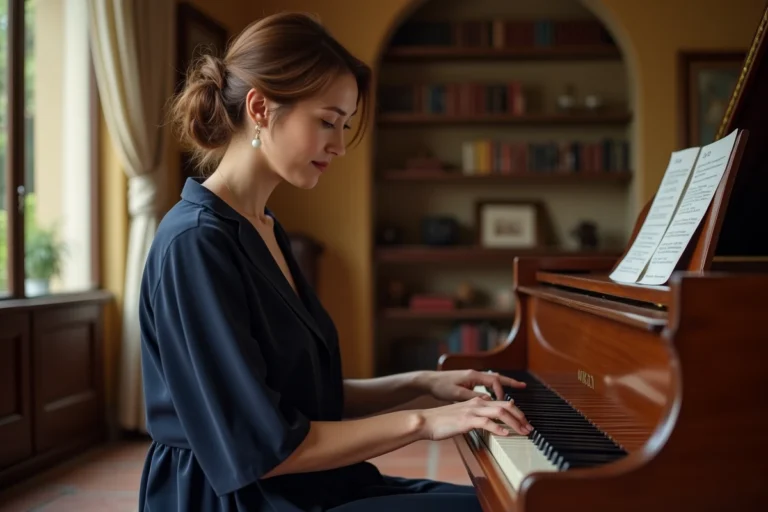 Femme élégante d'âge mûr assise devant un piano à queue dans un salon toscan, évoquant l'univers musical d'Enrica Cenzatti, première épouse d'Andrea Bocelli