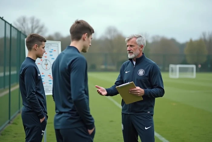 Entraîneur de football expliquant une tactique sur un tableau à des jeunes joueurs lors d'un entraînement en France
