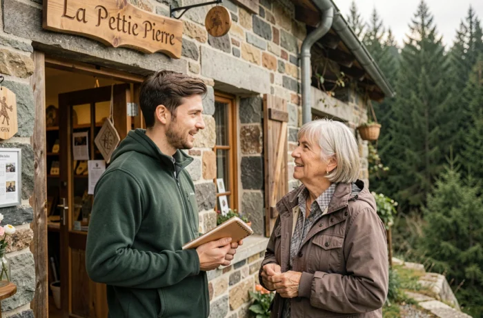 Jeune entrepreneur discutant avec une commerçante locale devant une boutique artisanale en pierre au cœur de La Petite Pierre, Alsace