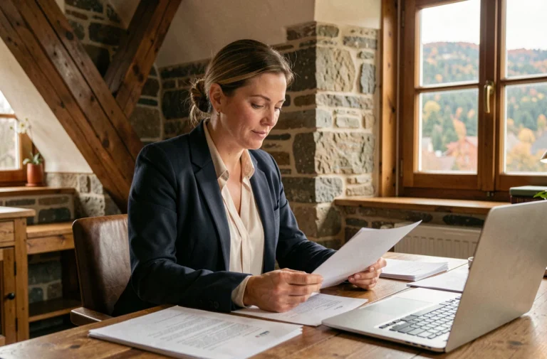 Femme entrepreneur alsacienne travaillant dans un bureau rustique à La Petite Pierre, entourée de documents professionnels et d'une vue sur les Vosges du Nord
