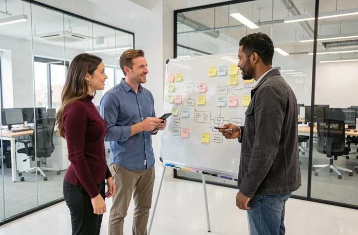Équipe d'une agence web collaborant sur la stratégie et l'architecture d'un site professionnel