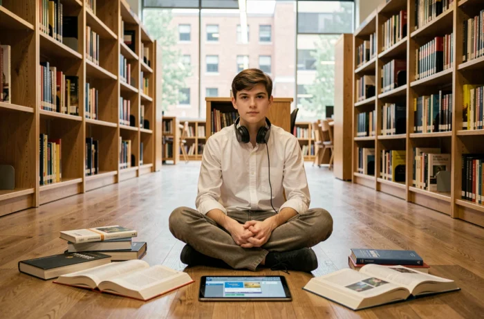 Étudiant apprenant l'informatique avec des livres et une tablette dans une bibliothèque universitaire moderne