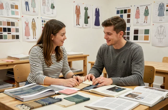 Étudiants en mode étudiant des échantillons textiles et des planches tendance dans un studio de design de mode