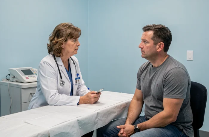 Médico controlador realizando uma avaliação médica com um paciente em uma sala de exame clínico