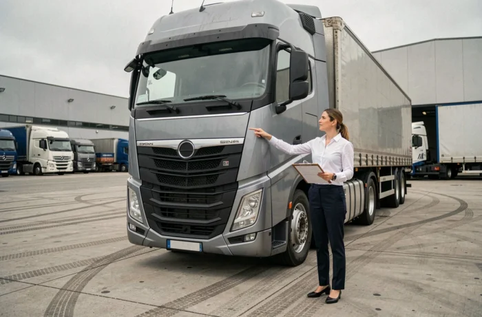 Examinatrice évaluant un conducteur poids lourd dans un dépôt logistique pour la suppression du code 79 du permis