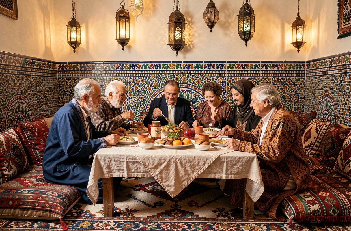 Famille marocaine réunie autour d'un repas traditionnel dans un intérieur typique, symbolisant les origines et la famille de Najwa El Haïté