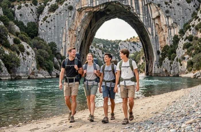 Famille en randonnée au bord de la rivière Ardèche sous le Pont d'Arc lors de vacances dernière minute à Vallon-Pont-d'Arc
