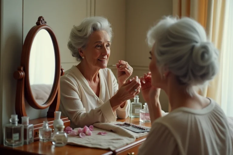 Femme de 70 ans appliquant un rouge à lèvres rose nude devant un miroir vintage sur une coiffeuse en bois