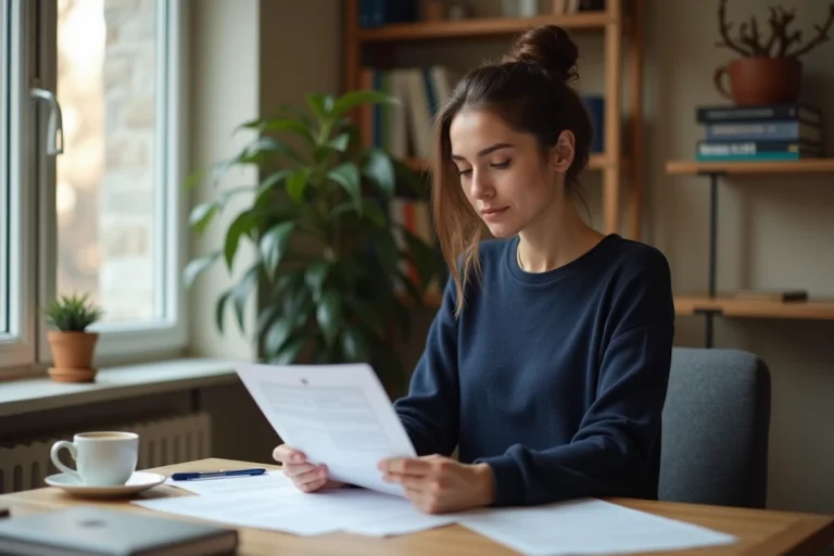 Jeune femme adulte relisant des documents juridiques à son bureau pour se détacher légalement de ses parents