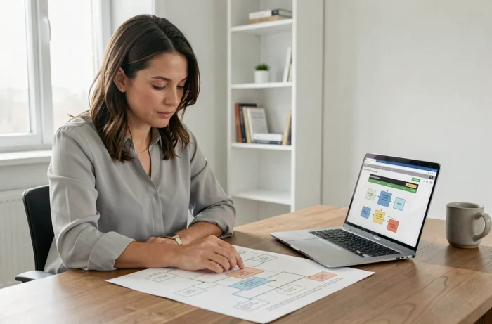 Femme professionnelle analysant un plan de site structuré sur son bureau avec un ordinateur portable ouvert