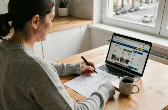 Femme analysant seule les meilleurs taux immobiliers en 2024 avec un ordinateur portable et des notes financières dans sa cuisine