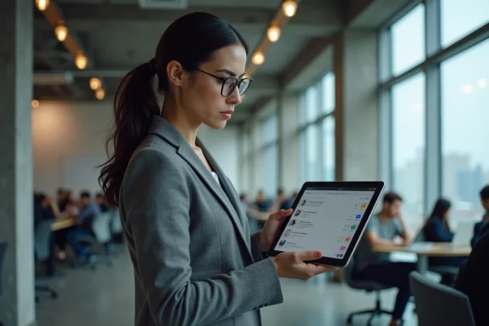 Femme professionnelle consultant un annuaire web alternatif sur tablette dans un espace de coworking